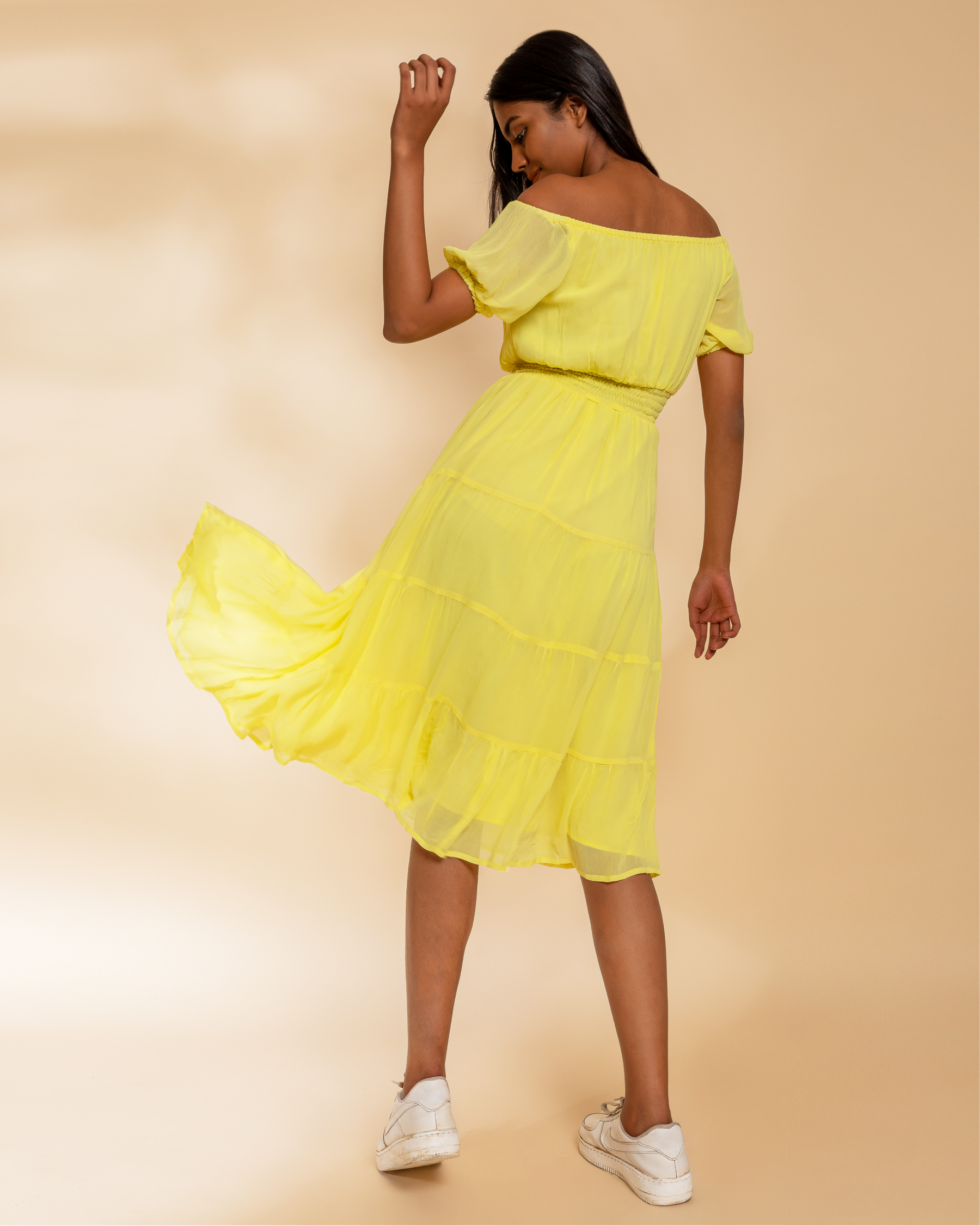 Buy Campus Sutra Yellow Self Designed Puff Sleeves Cut Out Detailed A Line Midi  Dress - Dresses for Women 26173932 | Myntra