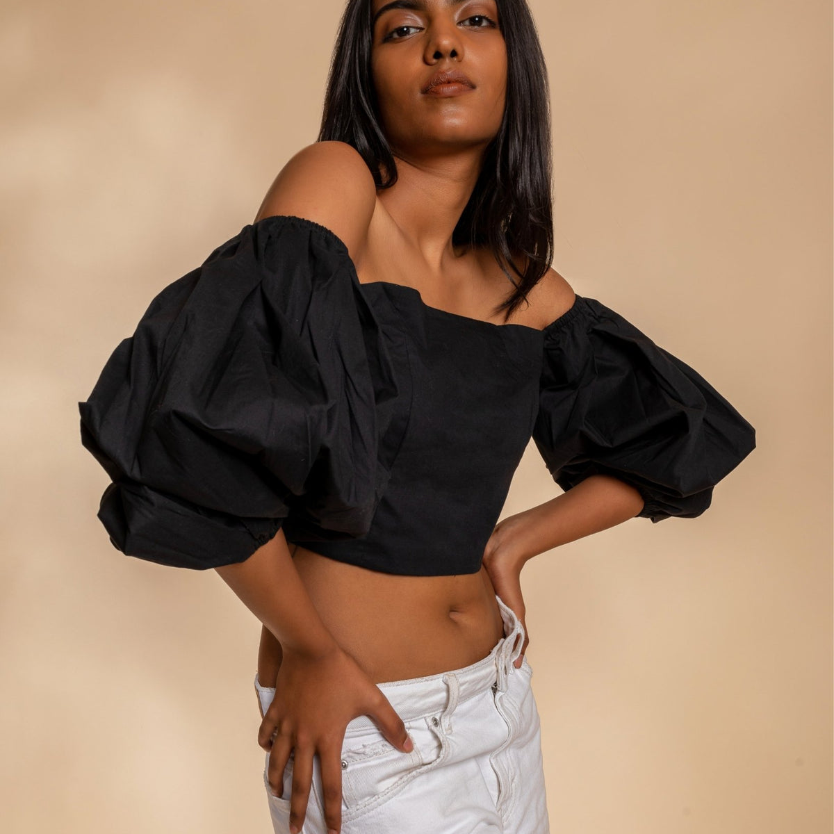 Black open shoulder sales top